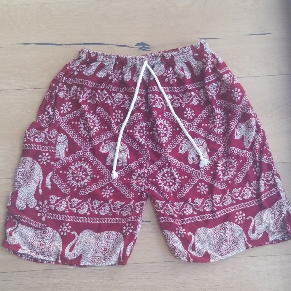 Authentic Thai Elephant Shorts Red And White Design Boho Bottoms